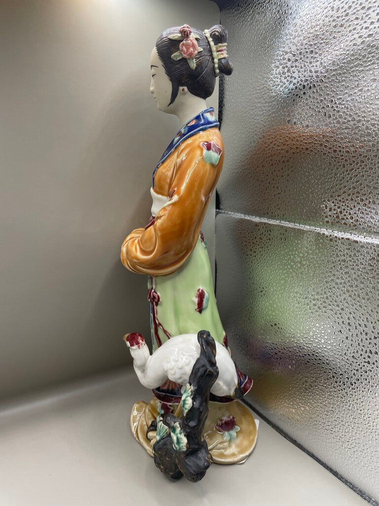 2002 CHINESE MUDMAN CERAMIC FIGURE GIRL WITH CRANE AND PINE TREE