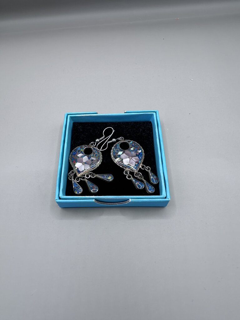 VINTAGE MEXICO STERLING FLORAL INLAY EARRINGS
