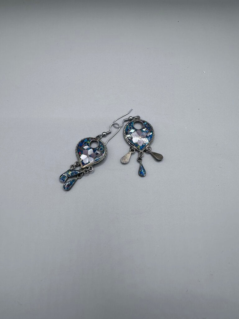 VINTAGE MEXICO STERLING FLORAL INLAY EARRINGS
