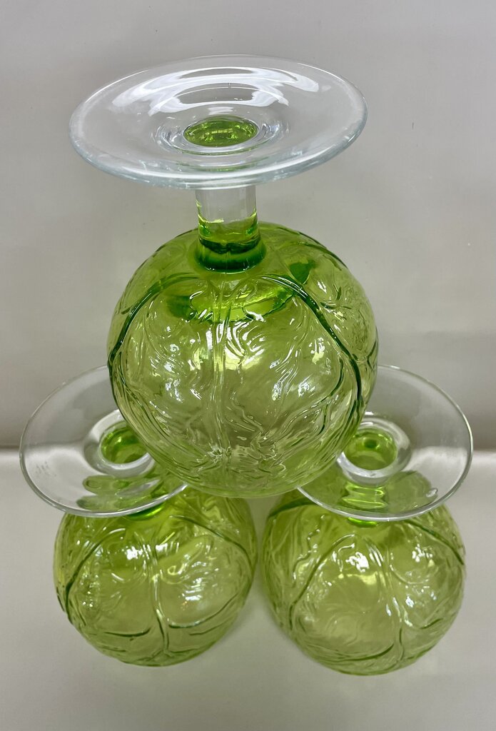VINTAGE GREEN CABBAGE GOBLET GLASSES SET OF 3