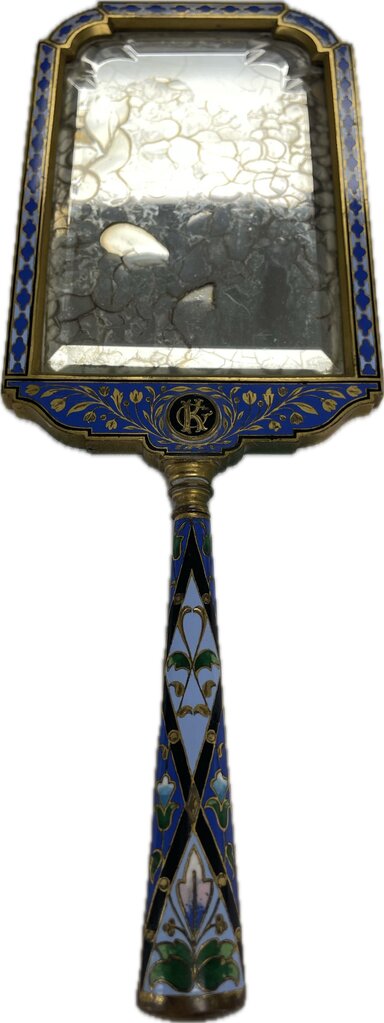 VINTAGE BRASS AND ENAMEL HANDHELD MIRROR