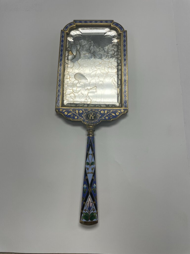 VINTAGE BRASS AND ENAMEL HANDHELD MIRROR