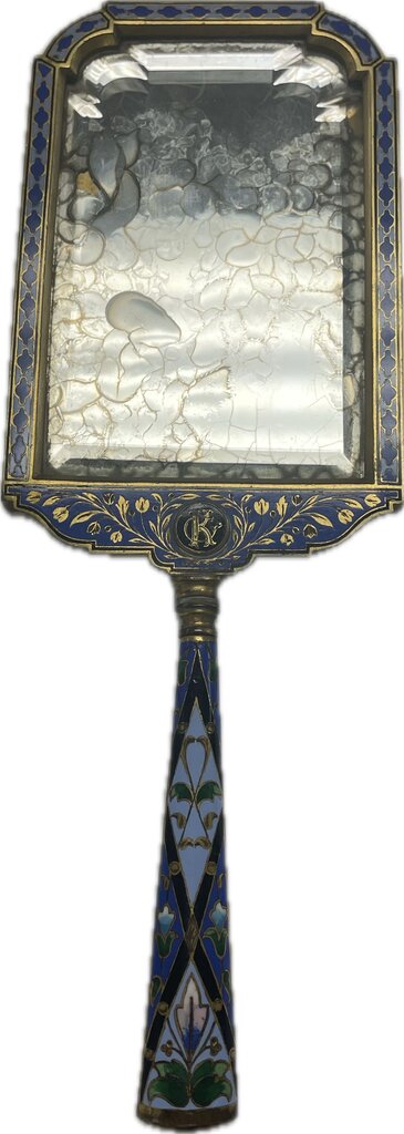 VINTAGE BRASS AND ENAMEL HANDHELD MIRROR