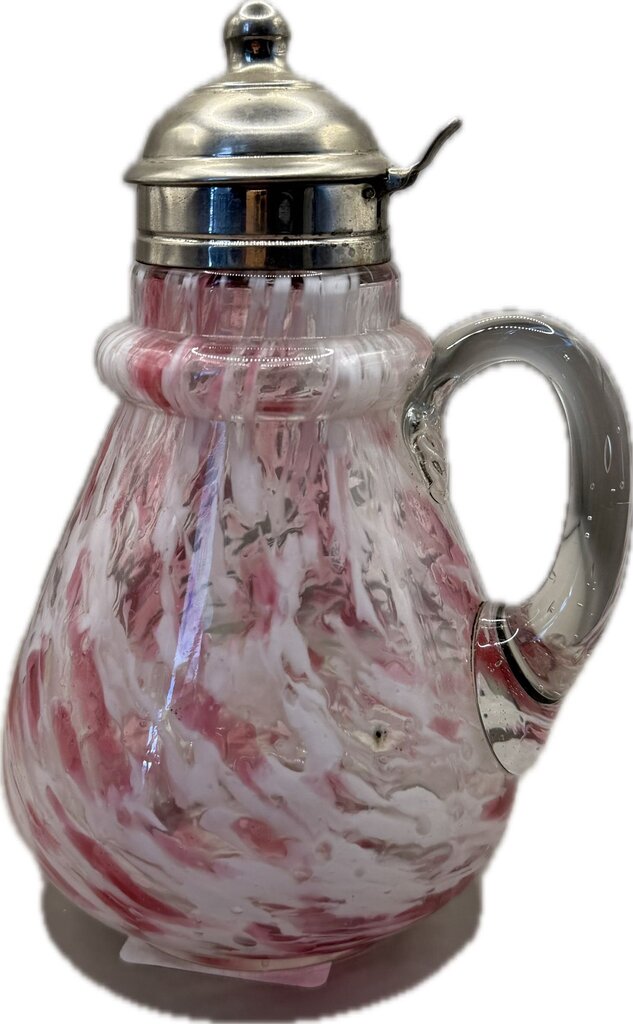 VINTAGE PINK AND WHITE GLASS SYRUP PITCHER