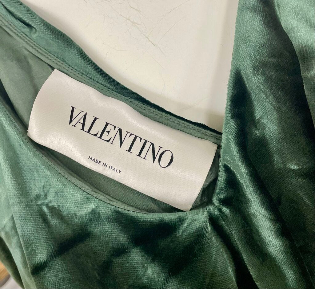 VALENTINO VELVET EMERALD GREEN RUFFLED MIDI DRESS SZ 4