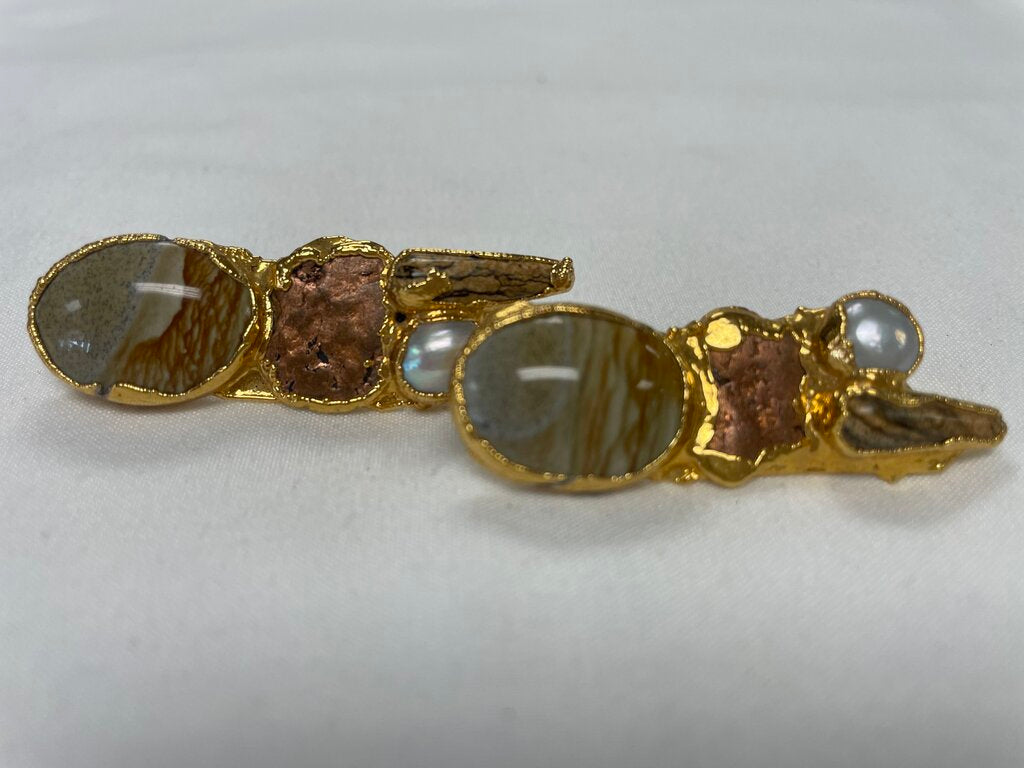 VINTAGE STONE COPPER AND PEARL EARRINGS