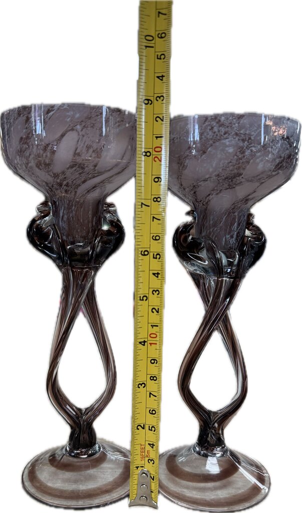 MAKORA KROSNO PURPLE GLASS GOBLET PILLAR OR TAPER CANDLE STICK HOLDERSET OF 2