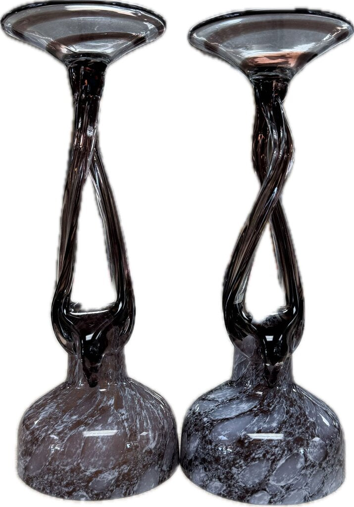 MAKORA KROSNO PURPLE GLASS GOBLET PILLAR OR TAPER CANDLE STICK HOLDERSET OF 2