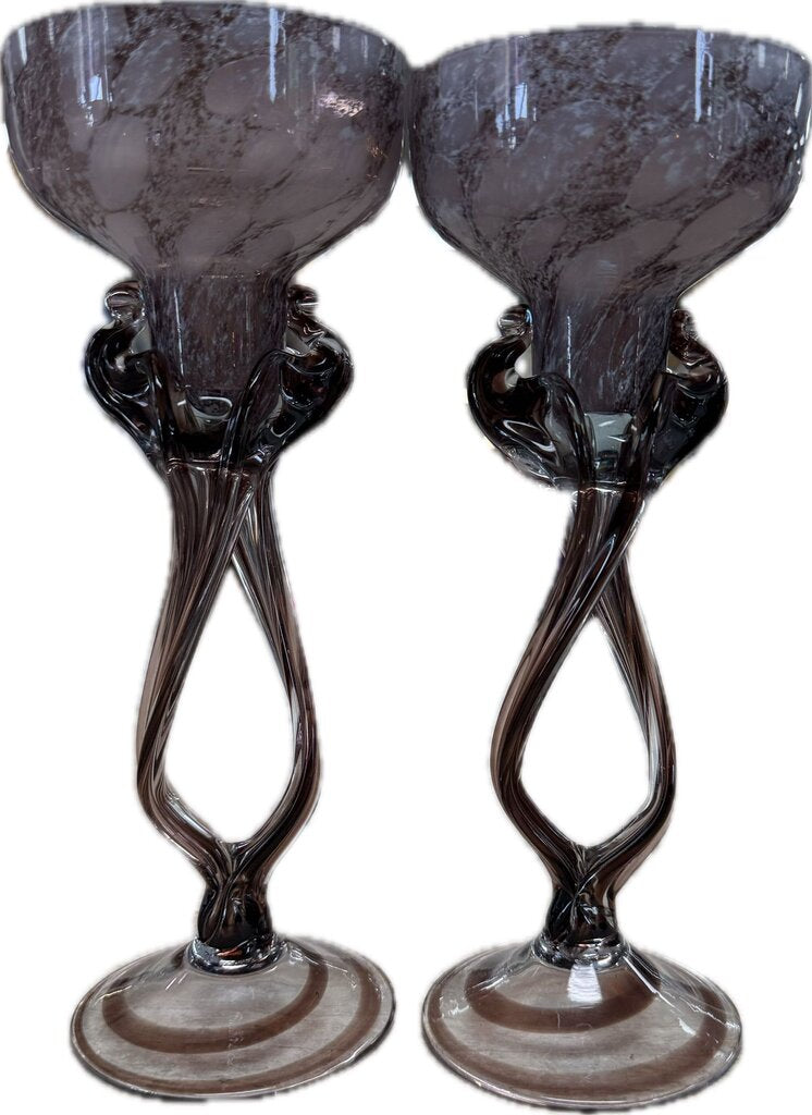 MAKORA KROSNO PURPLE GLASS GOBLET PILLAR OR TAPER CANDLE STICK HOLDERSET OF 2