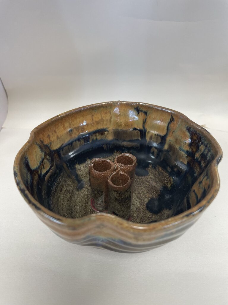 SIGNED FLOWER FROG POTTERY BOWL