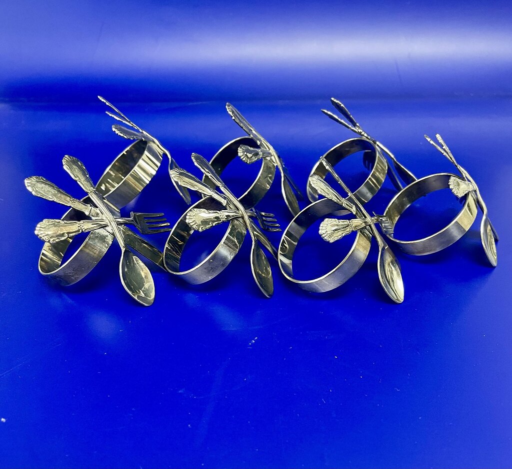 SILVER PLATED FORK KNIFE AND SPOON NAPKIN RINGS SET OF 7