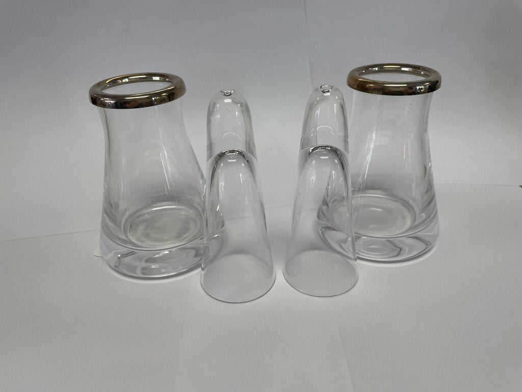VINTAGE VODKA SHOT GLASSES WITH ICE DECANTERS WIOTH SILVER RIM SET OF 2