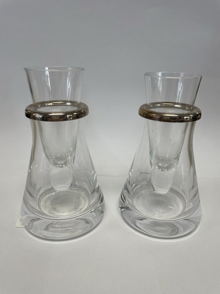 VINTAGE VODKA SHOT GLASSES WITH ICE DECANTERS WIOTH SILVER RIM SET OF 2