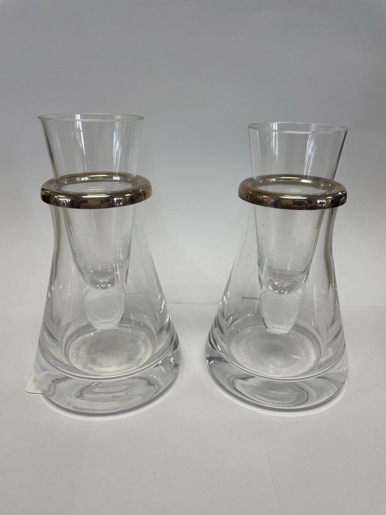 VINTAGE VODKA SHOT GLASSES WITH ICE DECANTERS WIOTH SILVER RIM SET OF 2