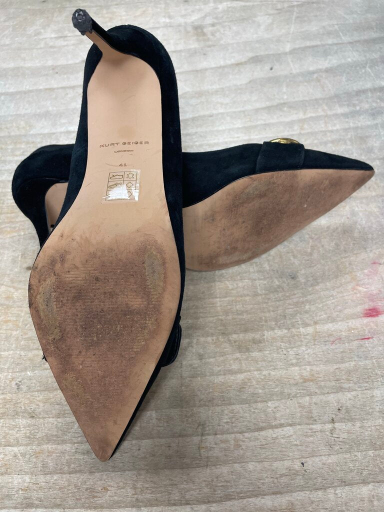 KURT GEIGER MAYFAIR BLACK SUEDE EMBELLISHED BUCKLE HEELS SIZE 41