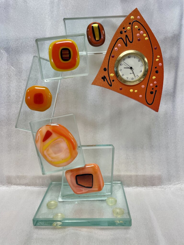 LUCITE FUSED GLASS CLOCK ART SIGNED