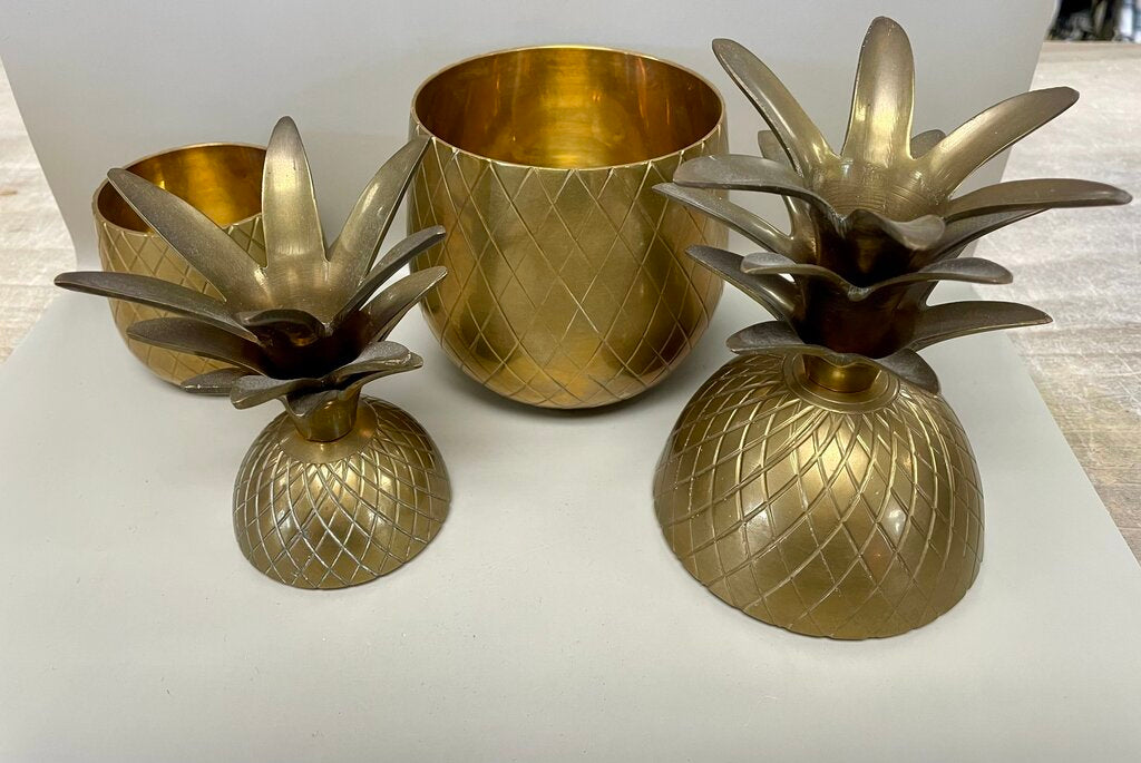 VINTAGE BOHO BRASS PINEAPPLE CONTAINER SET OF 2