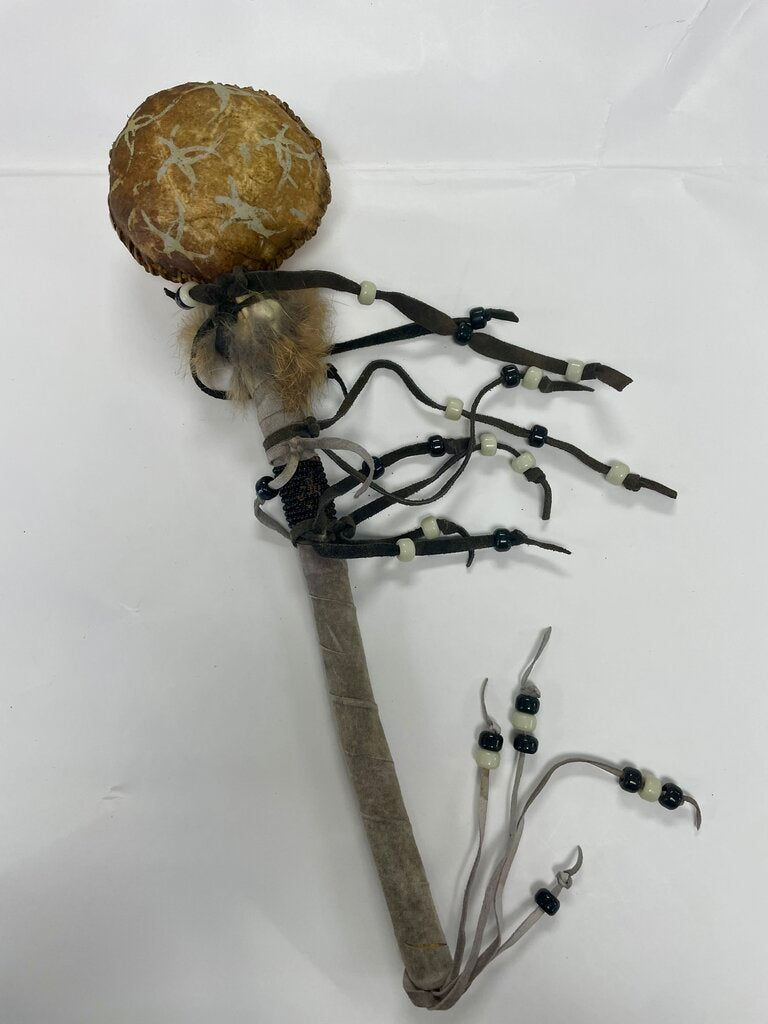 NATIVE AMERICAN HIDE BEATER WITH BEADS AND FUR