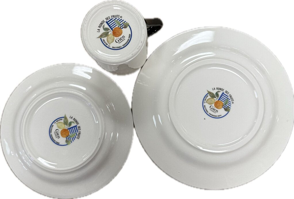 GIEN FRANCE LA RONDE DES FRUITS DESSERT PLATES, CUP AND SAUCER