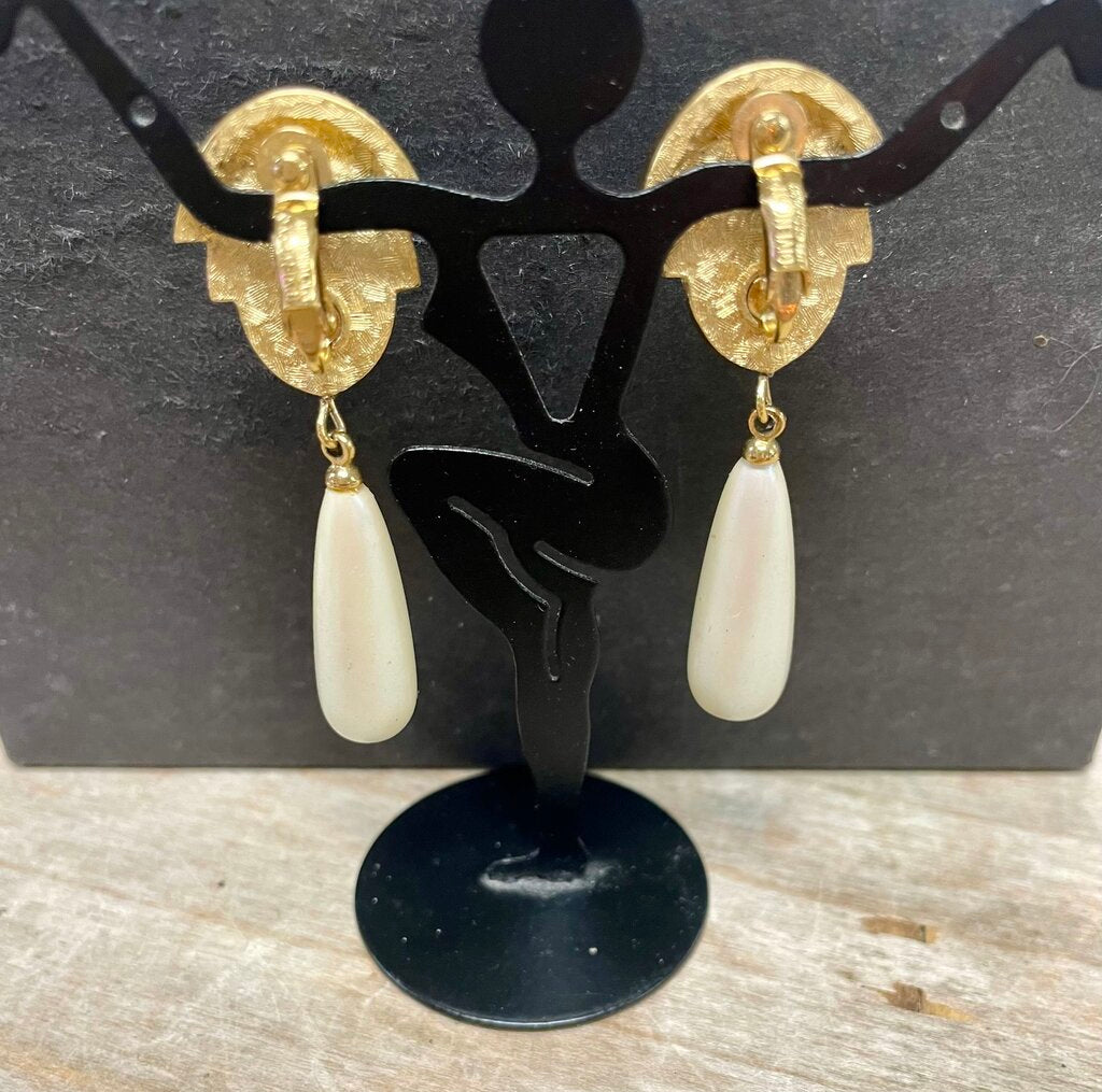 GIVENCHY ENAMEL RHINESTONE AND PEARL TEARDROP DANGLE RUNWAY COUTURE CLIP ON EARRINGS