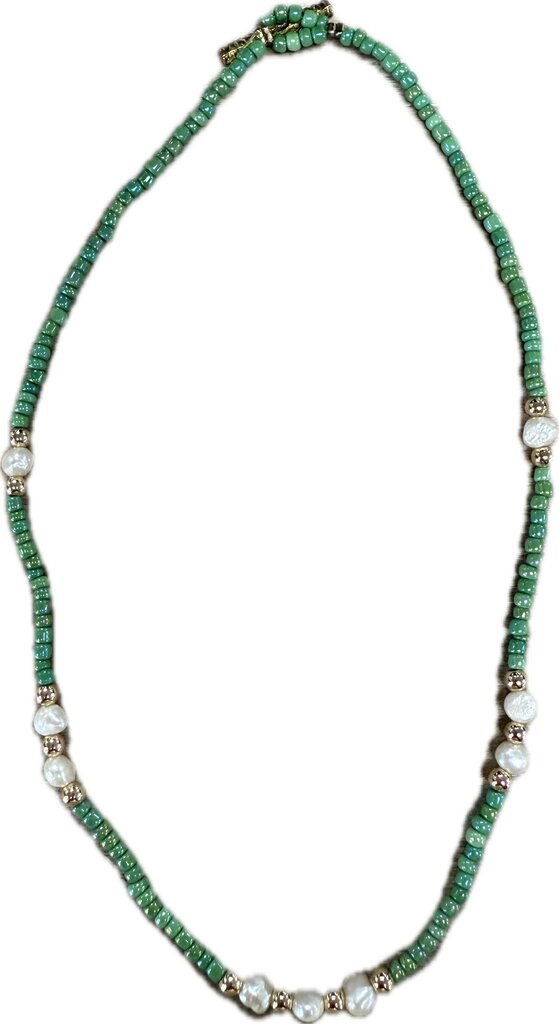 GREEN BEAD AND FRESHWATER PEARL NECKLACE