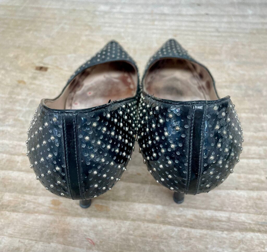 MIU MIU BLACK PATENT LEAHER SILVER KITTEN HEEL