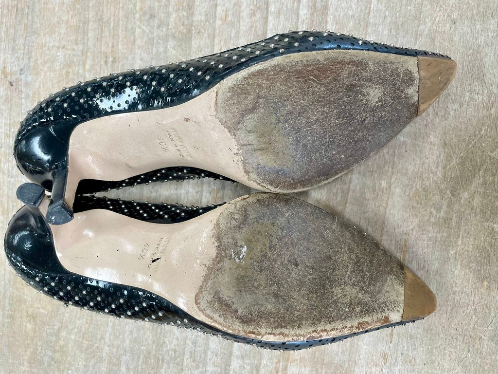 MIU MIU BLACK PATENT LEAHER SILVER KITTEN HEEL