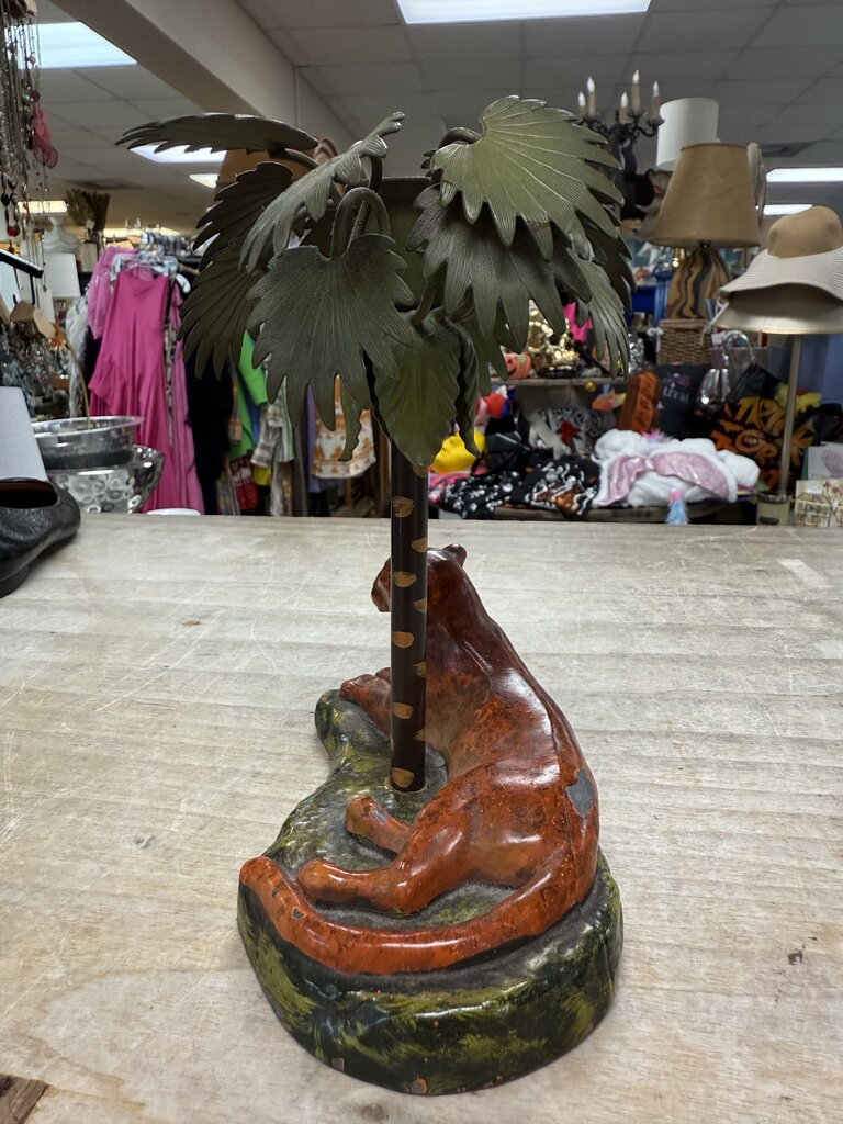 VINTAGE CAST METAL LEOPARD AND PALM TREE CANDLE HOLDER