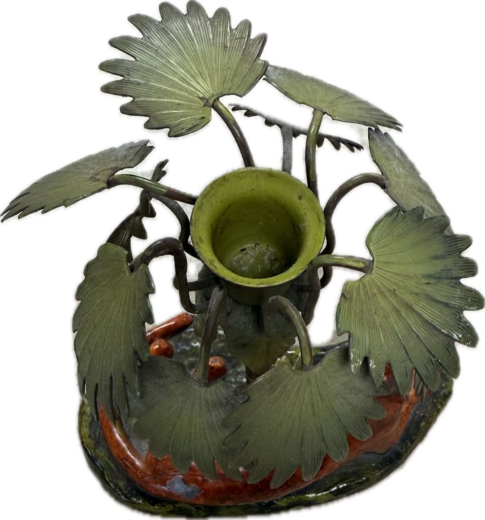 VINTAGE CAST METAL LEOPARD AND PALM TREE CANDLE HOLDER