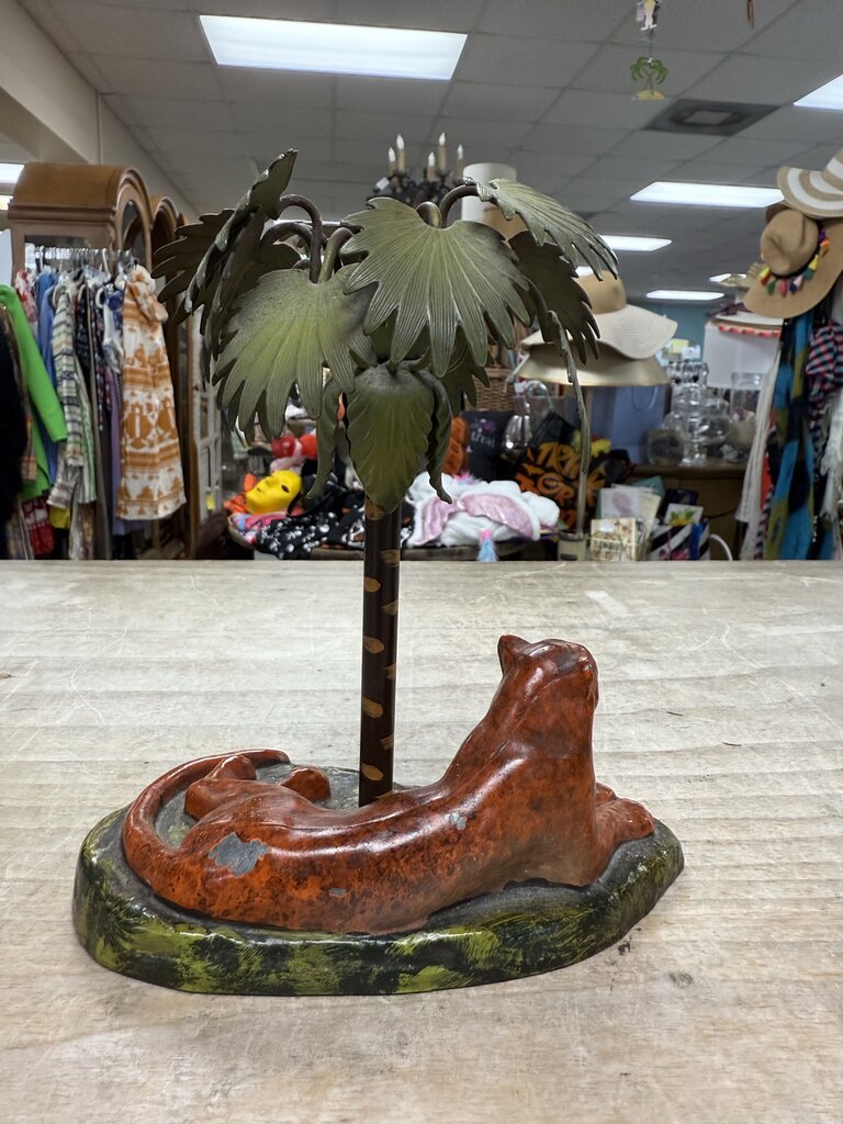 VINTAGE CAST METAL LEOPARD AND PALM TREE CANDLE HOLDER