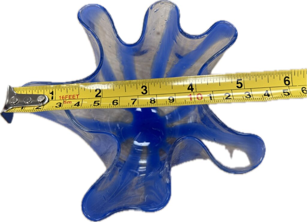 BLUE AND CLEAR GLASS HANDKERCHIEF VASE