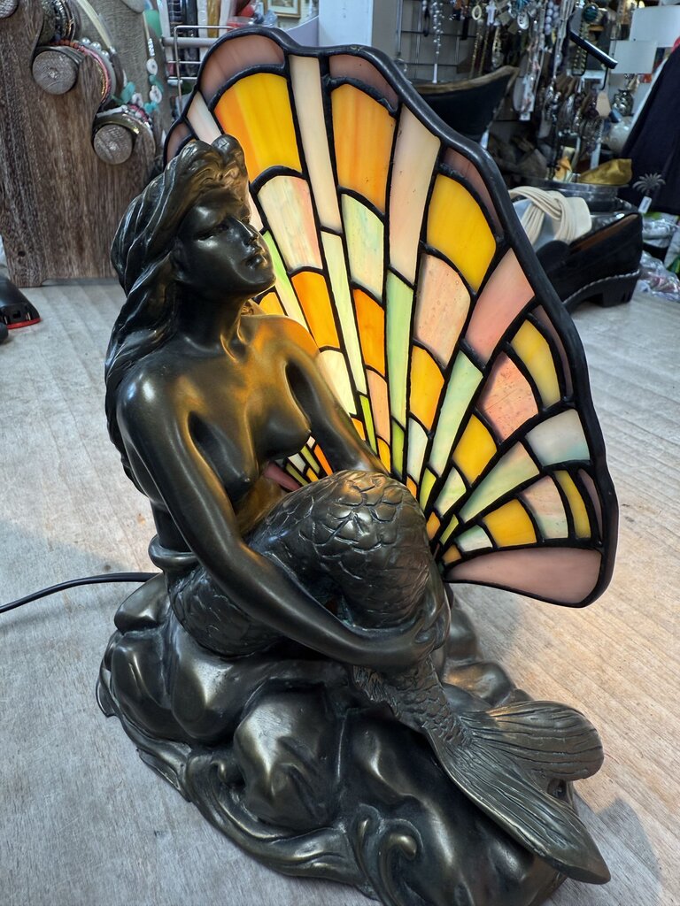 RARE STAINED GLASS BRASS MERMAID LAMP