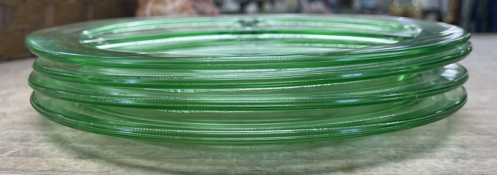 GREEN URANIUM GLASS DIVIDED PLATES SET OF 4
