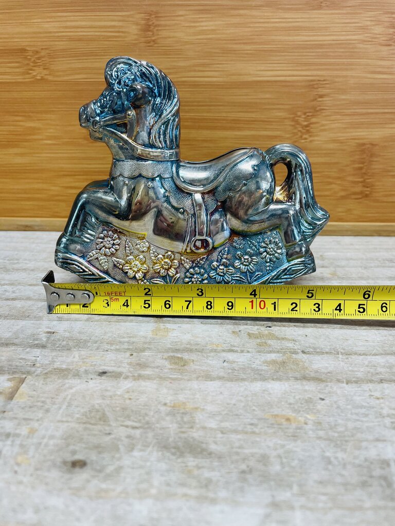 VINTAGE SILVER PLATED ROCKING HORSE BANK IN BOX