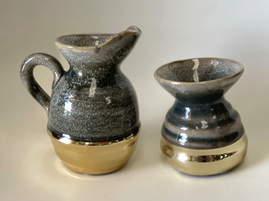 GRAY AND GOLD PITCHER AND CARAFE