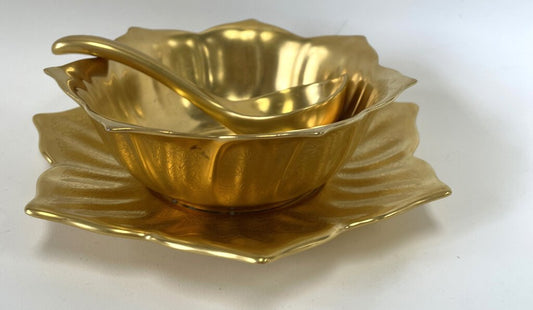 RARE LOTUS CONDIMENT NUT DISH 24 KT GOLD PLATED