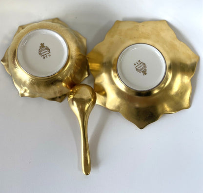 RARE LOTUS CONDIMENT NUT DISH 24 KT GOLD PLATED