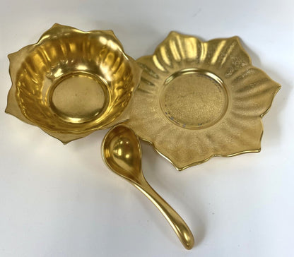 RARE LOTUS CONDIMENT NUT DISH 24 KT GOLD PLATED