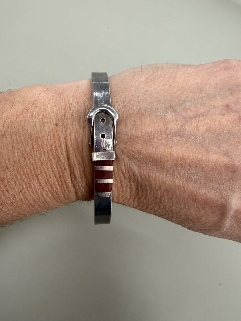 STERLING SILVER RED ENAMEL BELT BUCKLE BRACELET