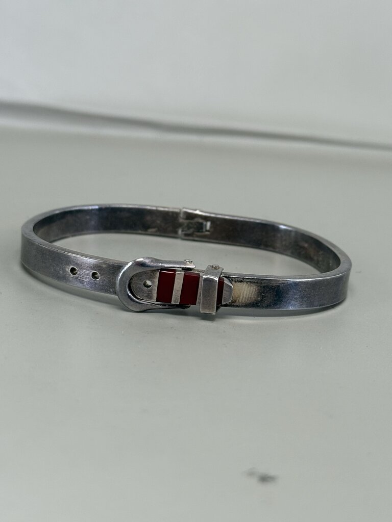 STERLING SILVER RED ENAMEL BELT BUCKLE BRACELET