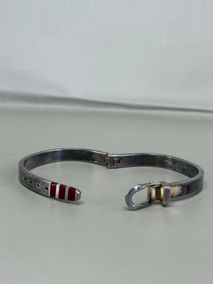 STERLING SILVER RED ENAMEL BELT BUCKLE BRACELET
