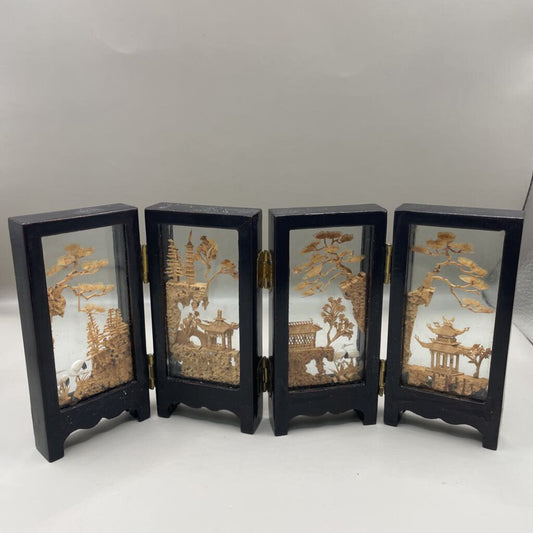 VINTAGE MINI HINGED PANELS ASIAN CORK ART