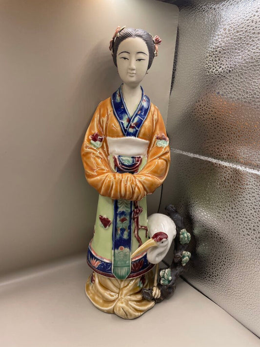 2002 CHINESE MUDMAN CERAMIC FIGURE GIRL WITH CRANE AND PINE TREE