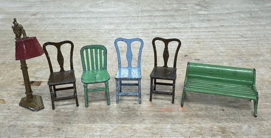 VINTAGE TOOTSIE TOY MINI CHAIRS AND LAMP AND BARCLAY PARK BENCH