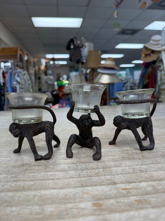 VINTAGE BRASS MONKEY CANDLE HOLDERS SET OF 3