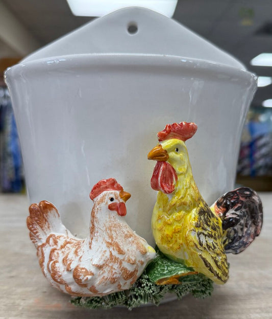 HEN AND ROOSTER CERAMIC WALL POCKET 8.5X7.5X3.5