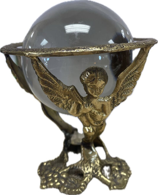 VINTAGE BRASS CHERUB CRYSTAL ORB DECOR