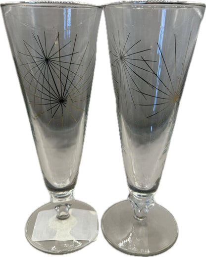 MCM ATOMIC STARBURST LIBBEY FOOTED PILSNER GLASSES SET OF 2