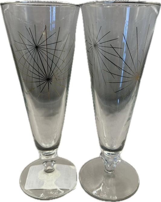 MCM ATOMIC STARBURST LIBBEY FOOTED PILSNER GLASSES SET OF 2