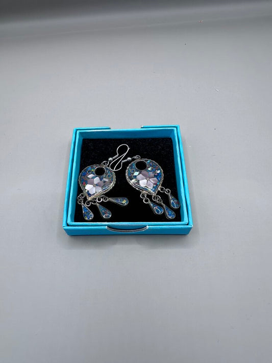 VINTAGE MEXICO STERLING FLORAL INLAY EARRINGS